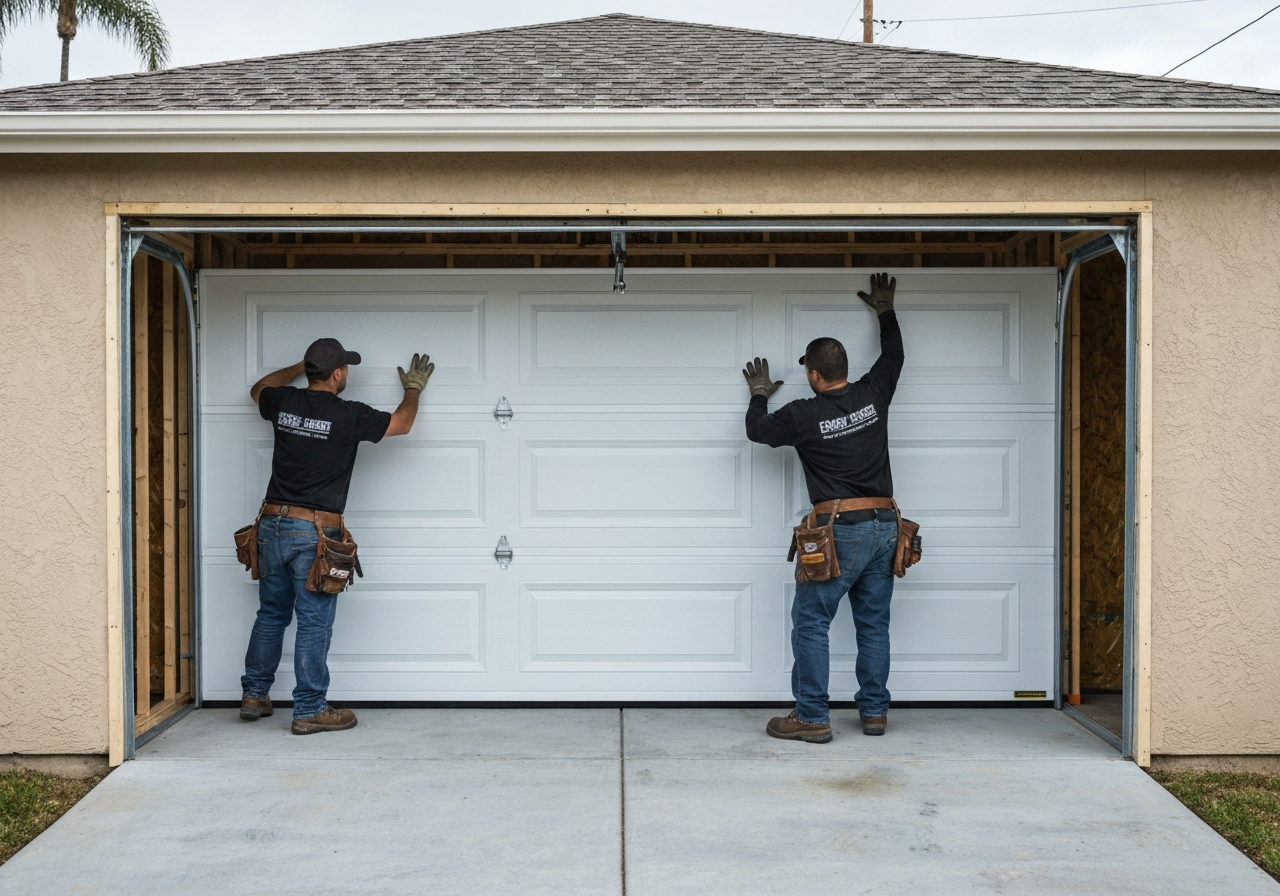 Garage door installation service with two professionals working.