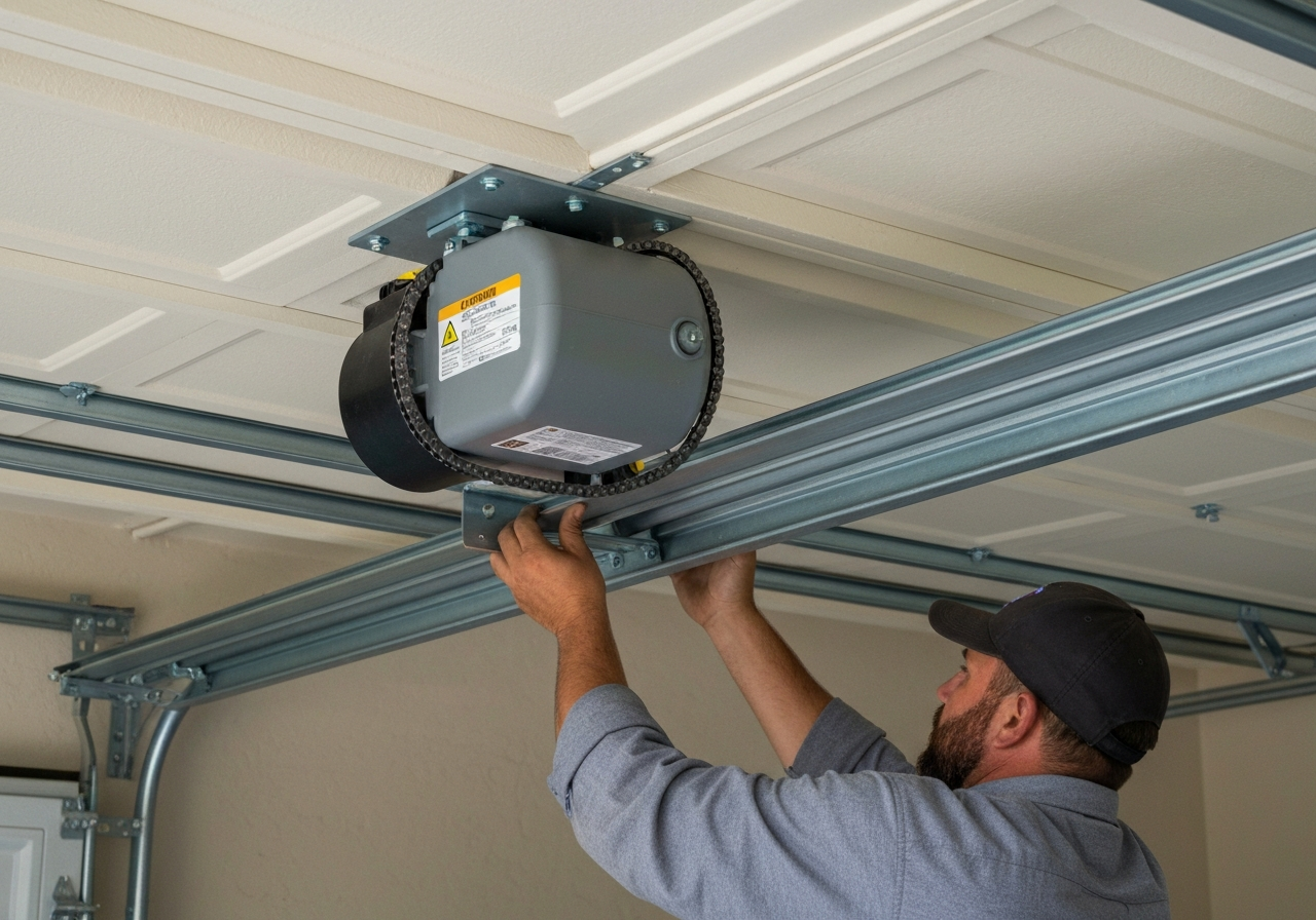 Professional installing a garage door opener system