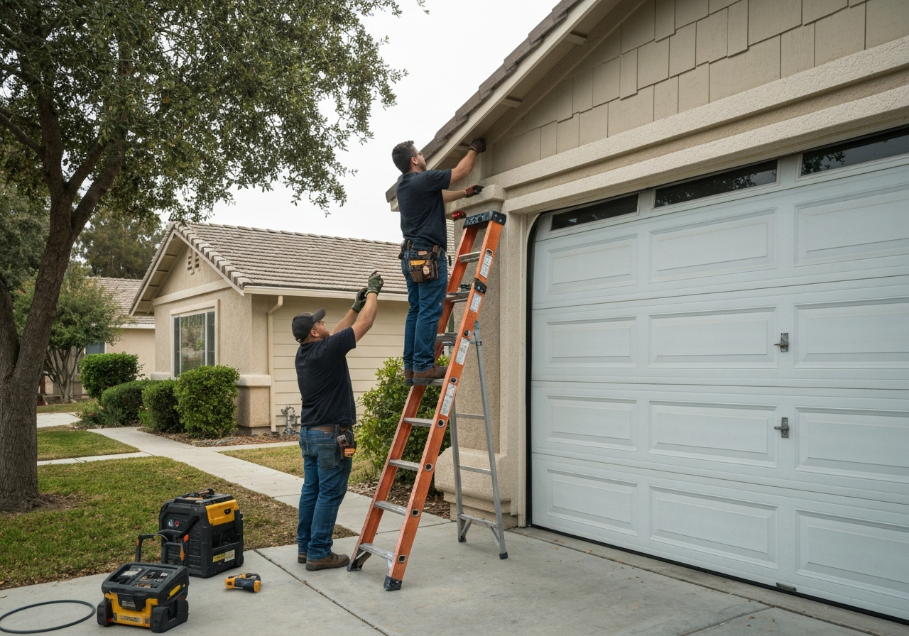 Technician installs garage door parts on residential garage