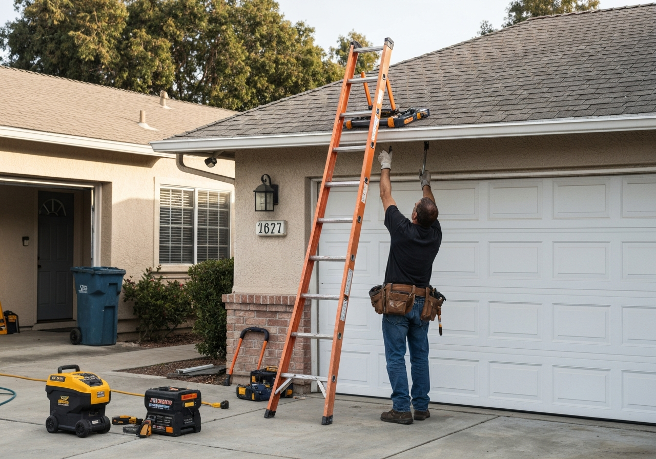 Garage door opener repair on extension ladder.